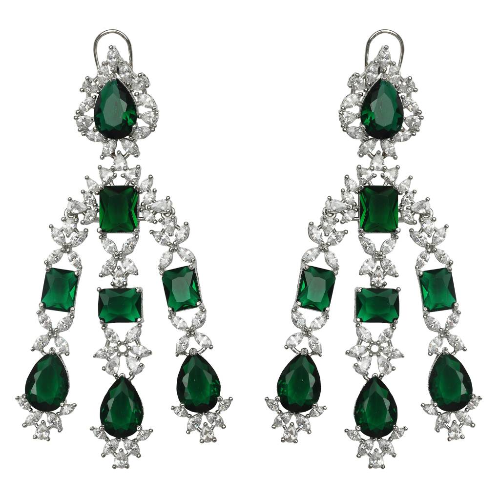 Three Strings Floral Detailed Emerald Stone And Clear Cubic Zirconia Danglers : RK-ER-SNN-590-GREEN