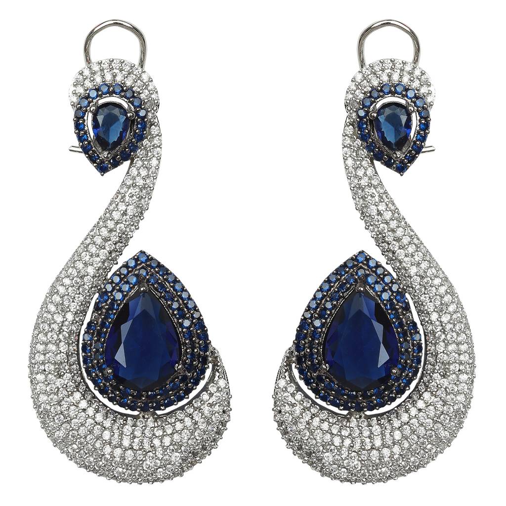 "S" Design Danglers In Blue Stone, And Blue & Clear Cubic Zirconia : RK-ER-WWN-653-BLUE