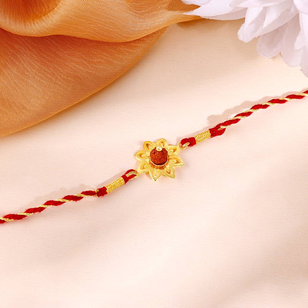 925 Silver Golden Floret Rudraksham Rakhi : RK0451