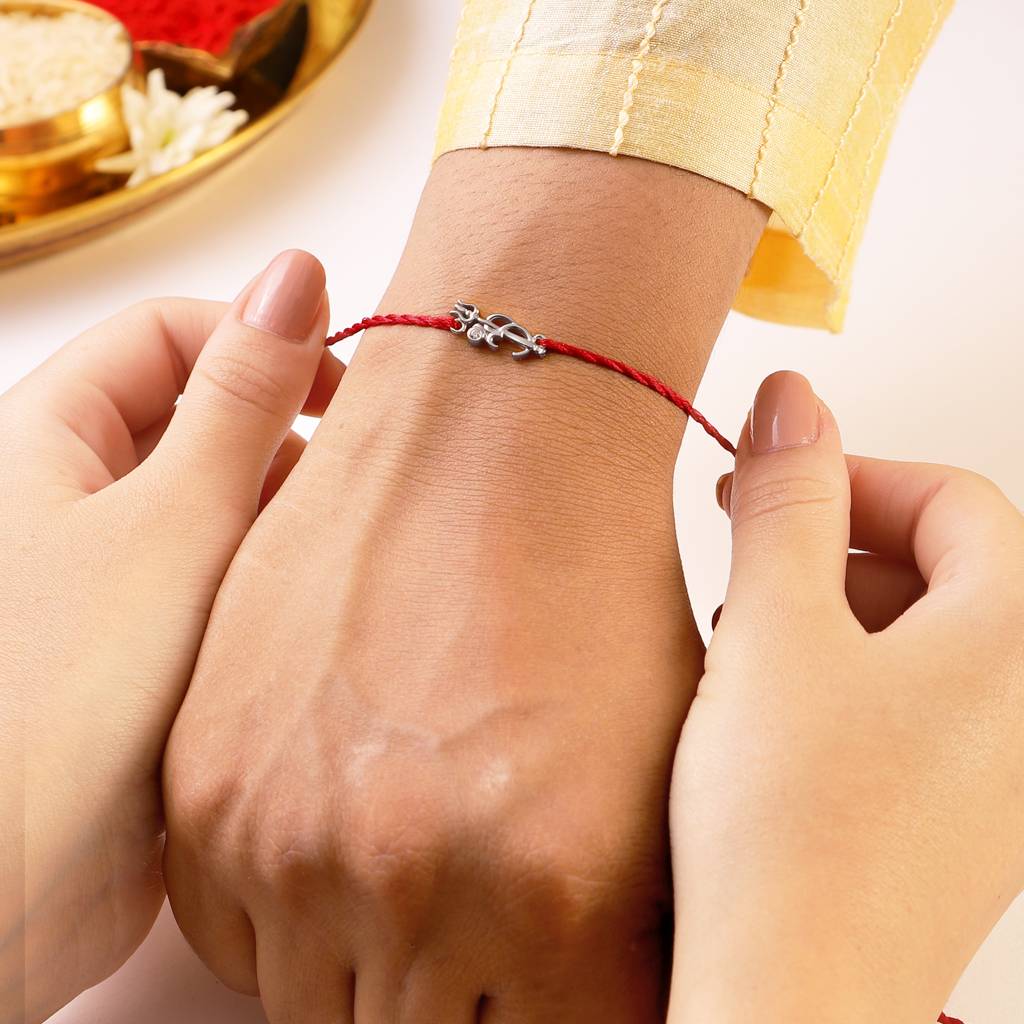 Om & Trishul Rhodium-Plated 925 Silver Thread Rakhi With Cz Accents : RKH-10007-R