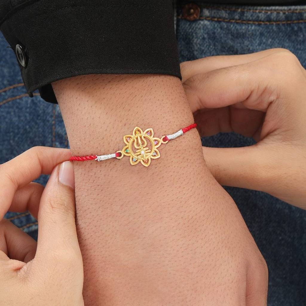 Powerful Lord Shiva Trishul With Cubic Zirconia Gold-Plated Sterling Silver Thread : RKH-10033-G