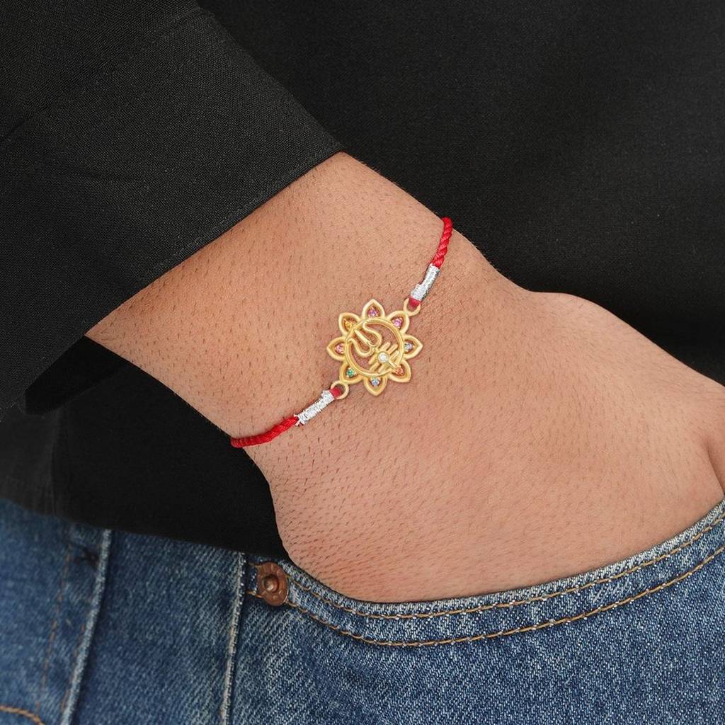Powerful Lord Shiva Trishul With Cubic Zirconia Gold-Plated Sterling Silver Thread : RKH-10033-G