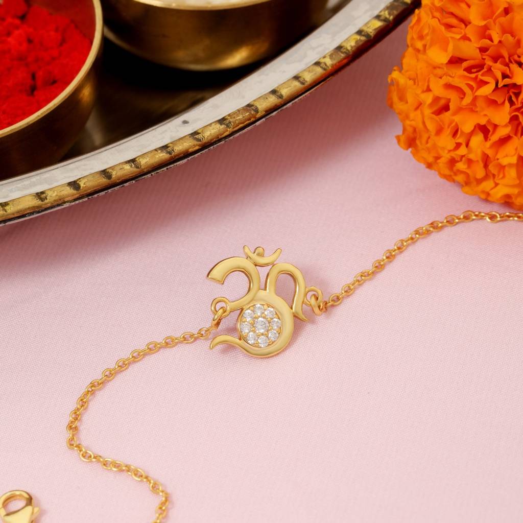 Divine Om With Cubic Zirconia Gold-Plated Sterling Silver Adjustable Link Chain Rakhi : RKH-10036-G