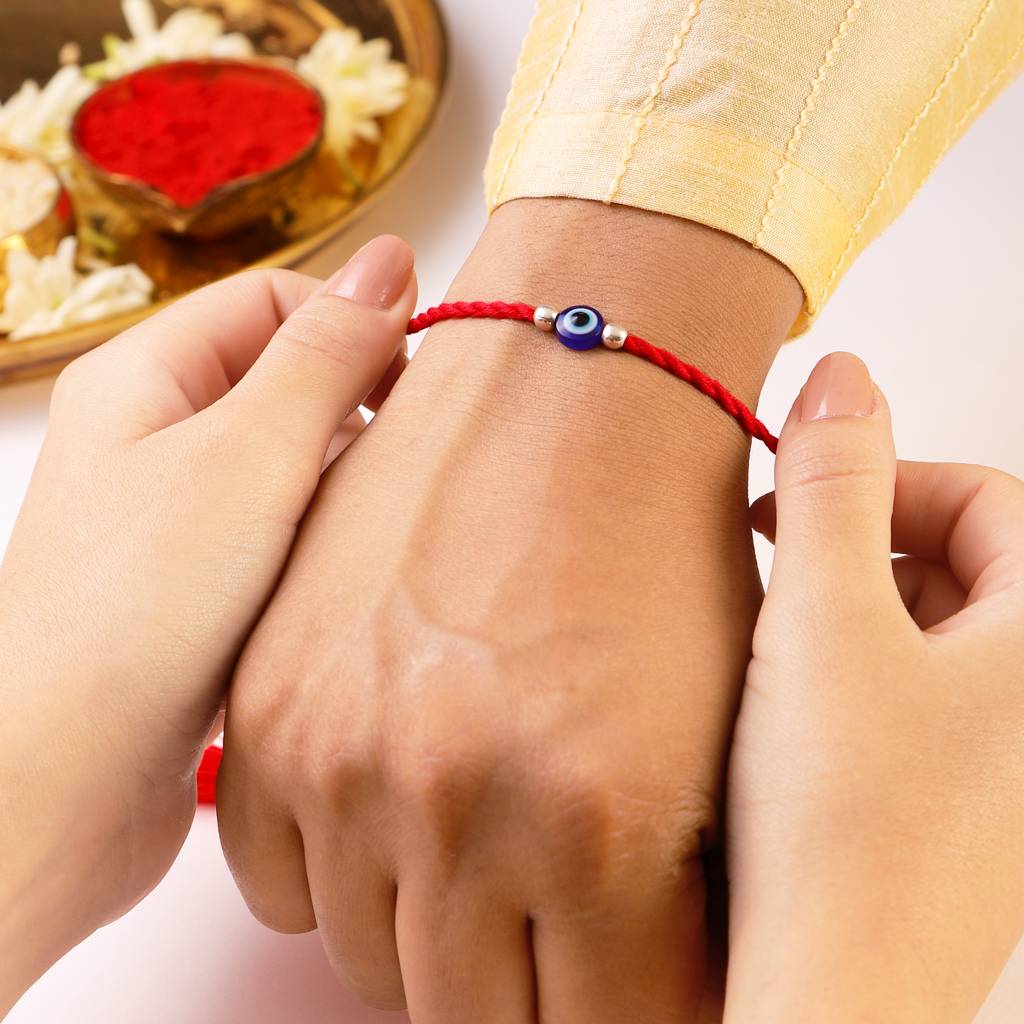 Protective Evil Eye With White Stone Rhodium-Plated Sterling Silver Rakhi : RKH-10040-R