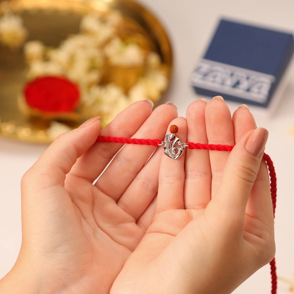 Sacred Ganesh Ji With Rudraksh Rhodium-Plated Sterling Silver Rakhi : RKH-10045-R-N
