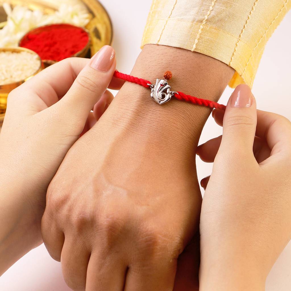 Sacred Ganesh Ji With Rudraksh Rhodium-Plated Sterling Silver Rakhi : RKH-10045-R-N