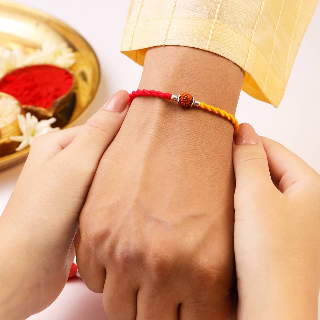 Spiritual Protection: Rudraksh Rhodium-Plated Silver Thread Rakhi For Him : RKH-10064-R-YR