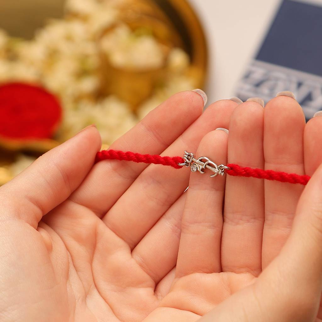 Divine Om & Trishul Charm Rakhi Cz Sterling Silver Thread Rakhi Combo : RKH-10080-CMB-GR