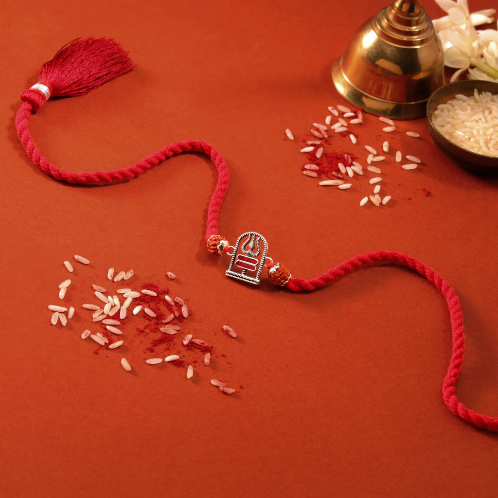 Shivling Trishul Charm Oxidised 925 Sterling Silver Rakhi With Rudraksha Beads For Him : RKH-10085-O
