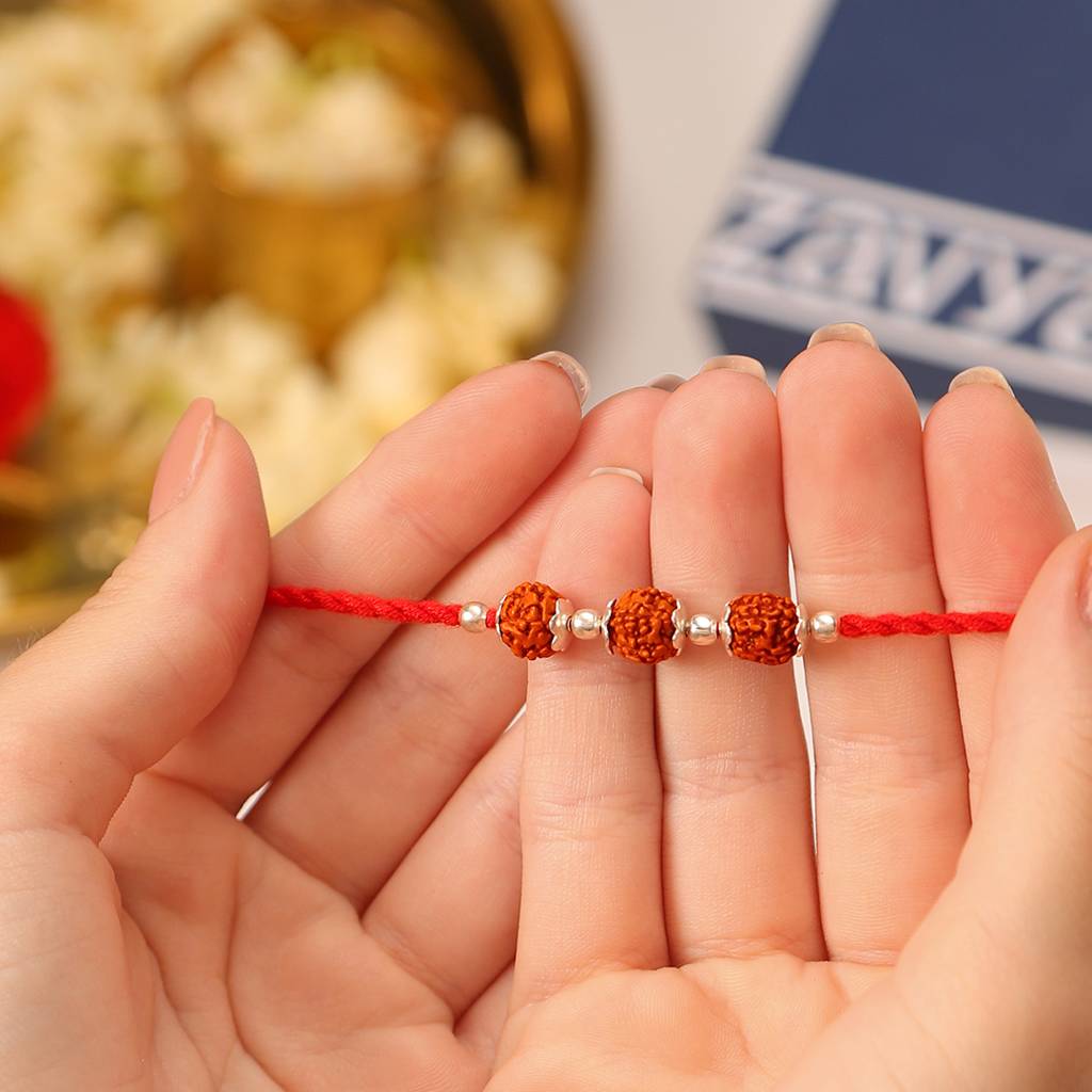 Timeless & Divine Rudraksha Rhodium-Plated 925 Silver Bhai-Bhabhi Rakhi Combo : RKH-10094-CMB