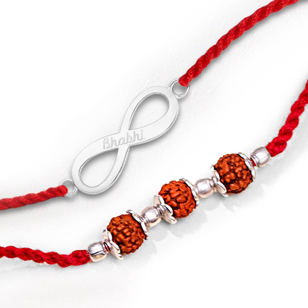 Timeless & Divine Rudraksha Rhodium-Plated 925 Silver Bhai-Bhabhi Rakhi Combo : RKH-10094-CMB