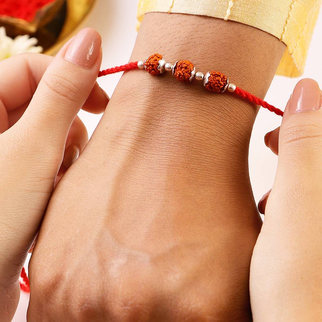 Timeless & Divine Rudraksha Rhodium-Plated 925 Silver Bhai-Bhabhi Rakhi Combo : RKH-10094-CMB
