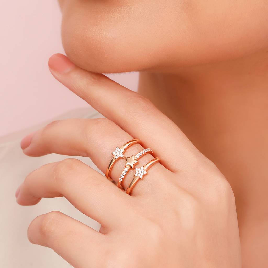 Zavya Women Rose Gold-Plated 925 Silver Triple-Row Cz Adjustable Ring : RNG-40430-RG