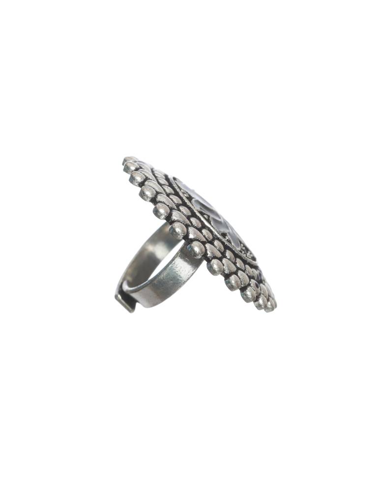 Women Silver-Plated Black Lotus-Shaped Adjustable Finger Ring : RNG-JS22-80008