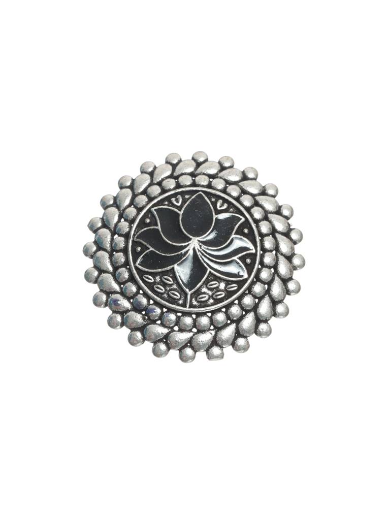 Women Silver-Plated Black Lotus-Shaped Adjustable Finger Ring : RNG-JS22-80008