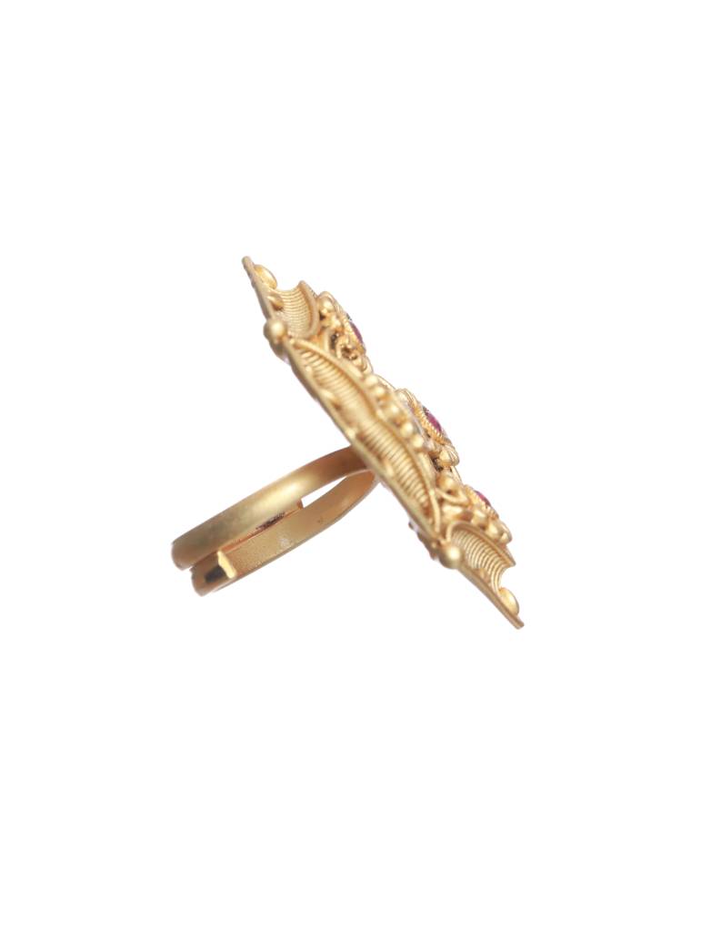 Gold-Plated & Maroon Stone-Studded Adjustable Finger Ring : RNG-JS22-80019