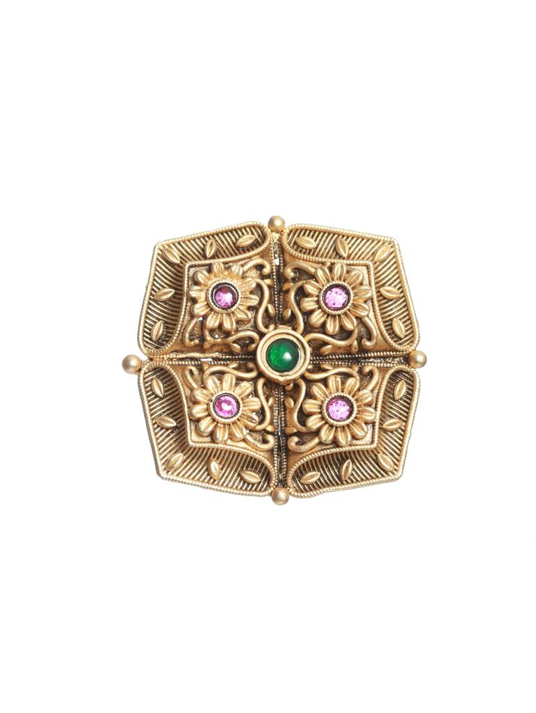 Gold-Plated & Maroon Stone-Studded Adjustable Finger Ring : RNG-JS22-80019