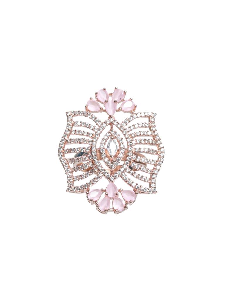 Rose Gold-Plated Pink Ad Studded Adjustable Finger Ring : RNG-JS22-80021