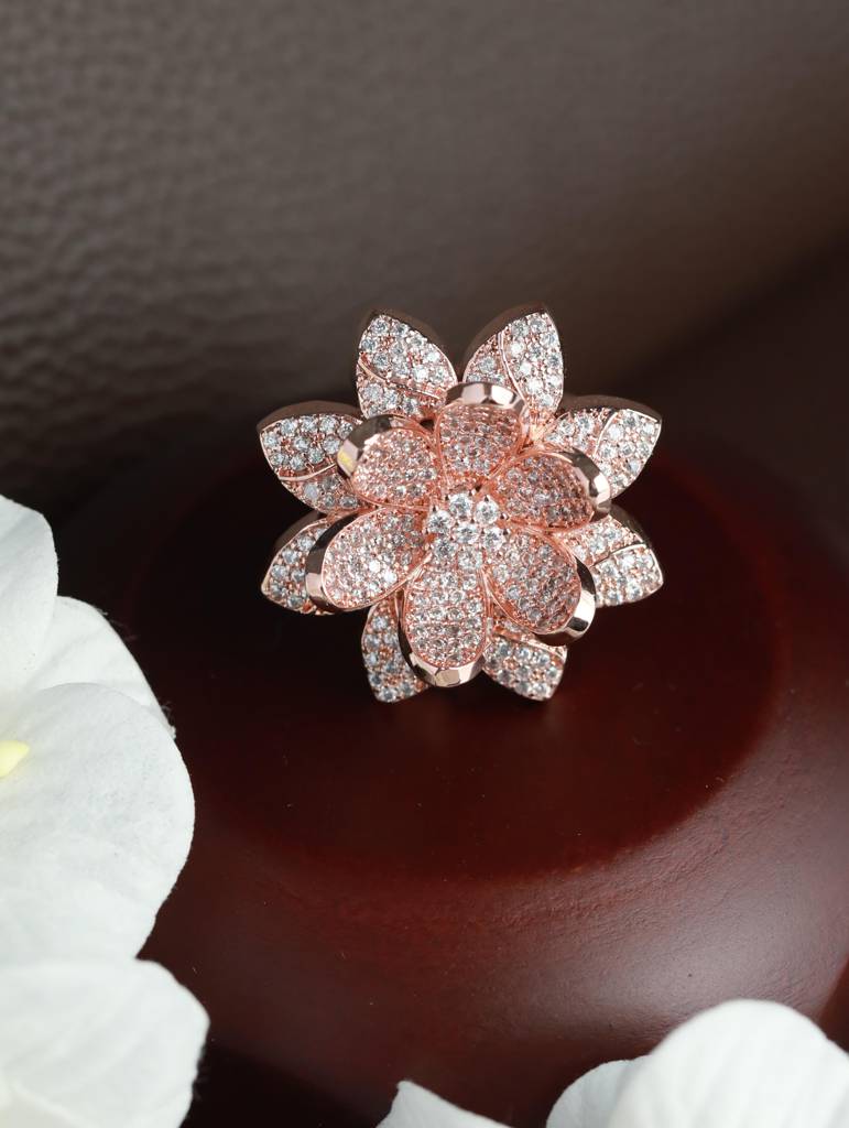 Women Rose Gold-Plated Ad-Studded Handcrafted Adjustable Finger Ring : RNG-JS22-80023