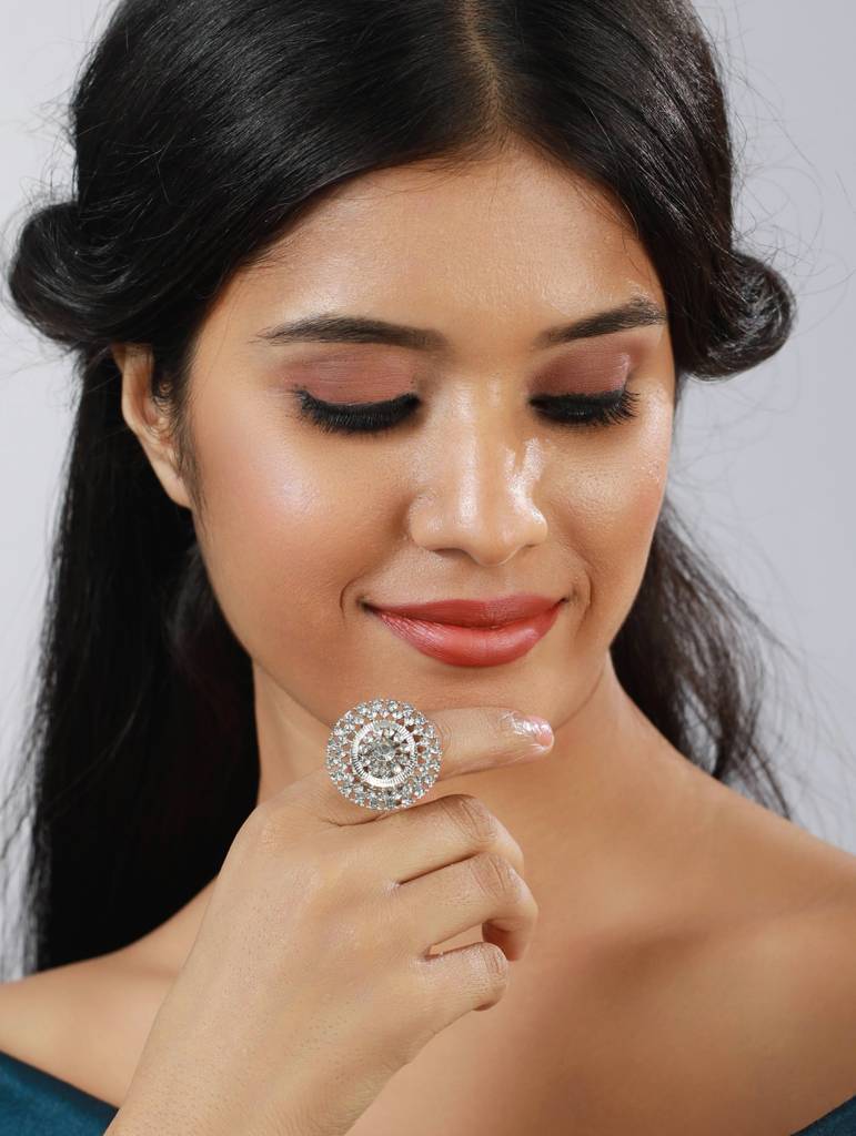 Women Silver-Plated White Cz-Studded Adjustable Finger Ring : RNG-JS22-80025