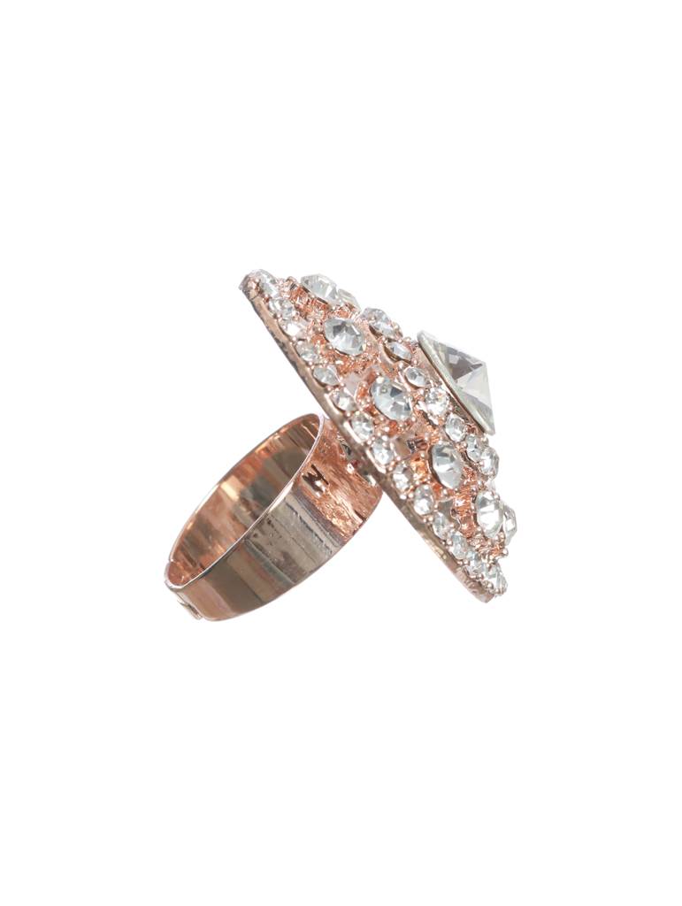 Rose Gold-Plated White Ad Studded Adjustable Finger Ring : RNG-JS22-80026