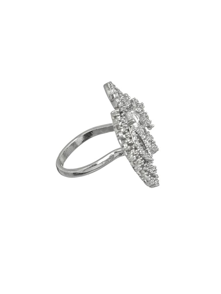 Silver-Plated White Cz-Studded Floral Shaped Adjustable Finger Ring : RNG-JS22-80035