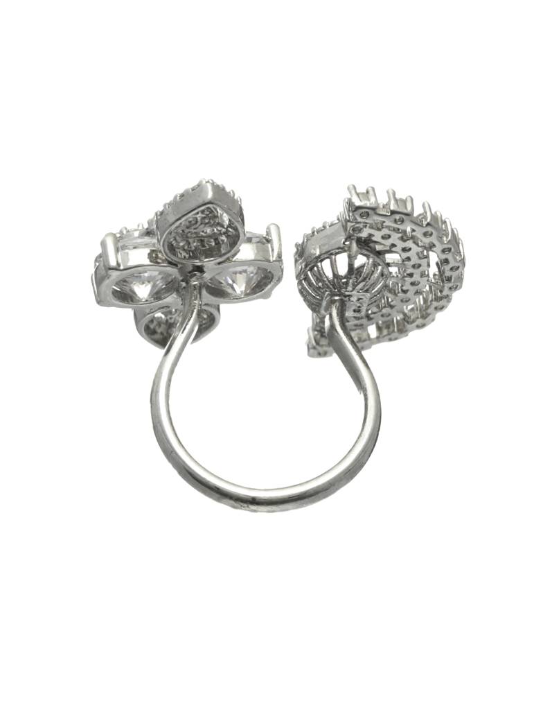Silver-Plated White Cz-Studded Floral Shaped Adjustable Finger Ring : RNG-JS22-80035