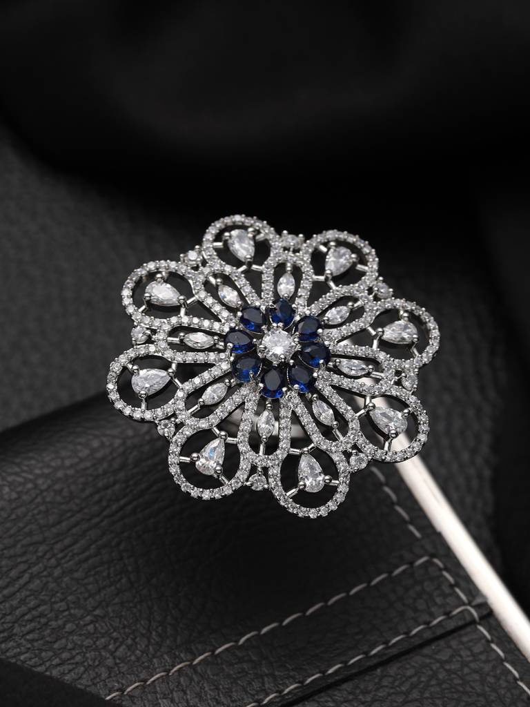 Silver-Plated Ad Stone-Studded Adjustable Cocktail Finger Ring : RNG-JS22-80042