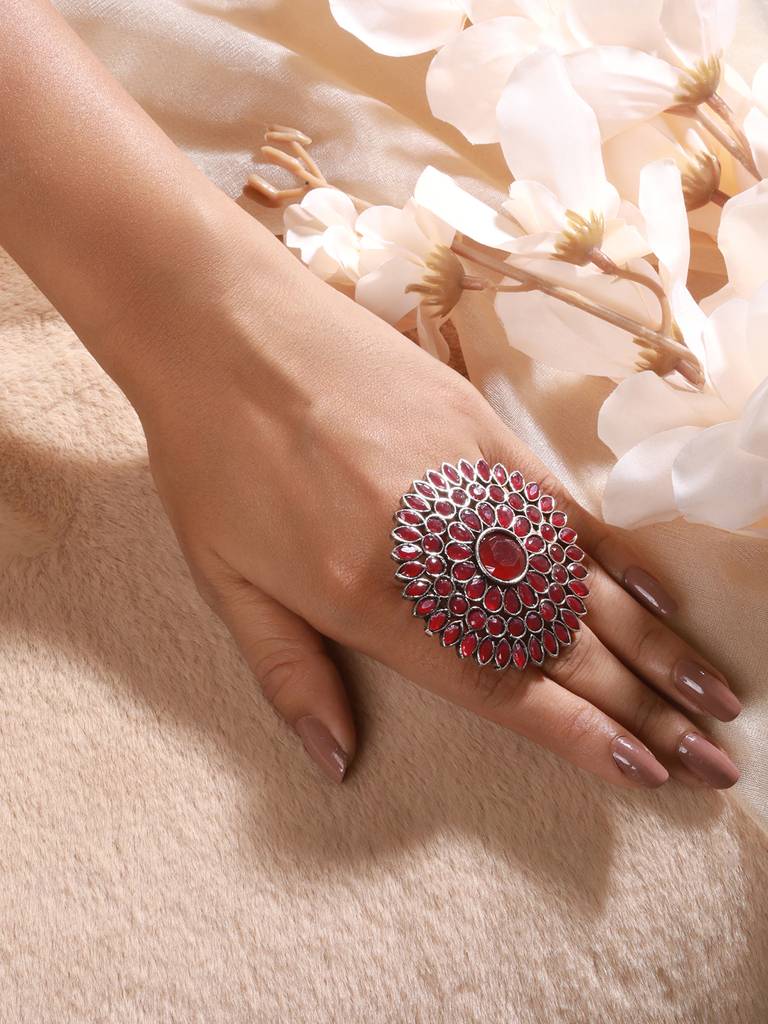 Silver-Plated & Stone-Studded Adjustable German Silver Finger Ring : RNG-JS23-80057