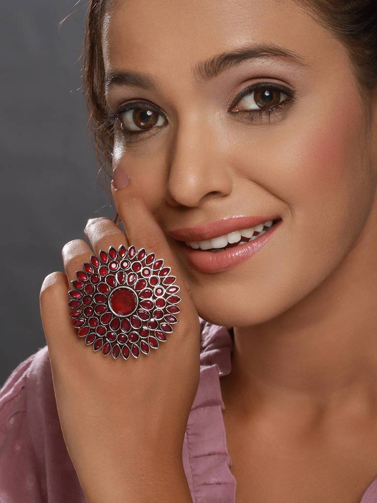 Silver-Plated & Stone-Studded Adjustable German Silver Finger Ring : RNG-JS23-80057