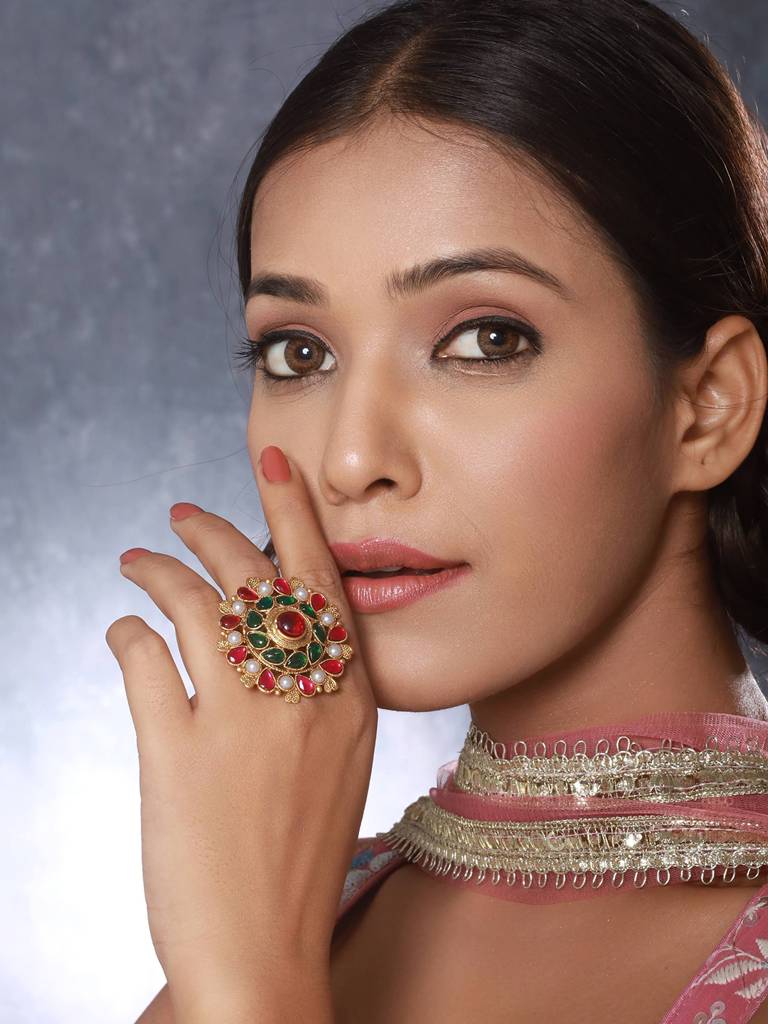 Green & Red Gold-Plated Pearl Studded Wedding Collection Adjustable Finger Ring : RNG-JS23-80071