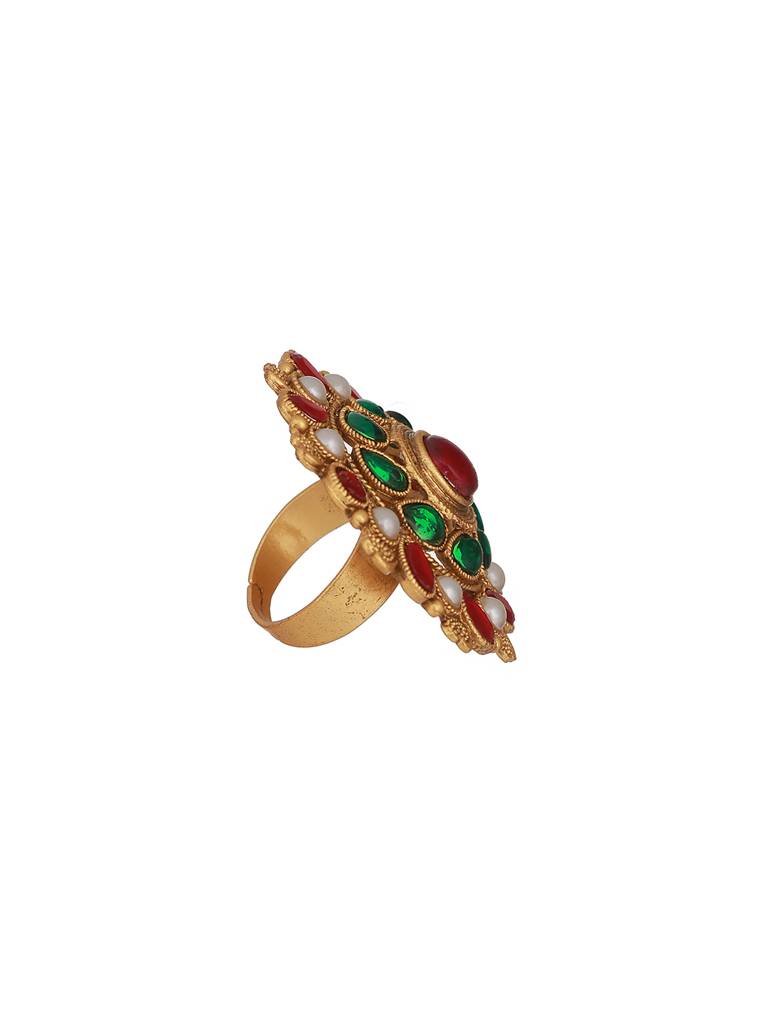 Green & Red Gold-Plated Pearl Studded Wedding Collection Adjustable Finger Ring : RNG-JS23-80071