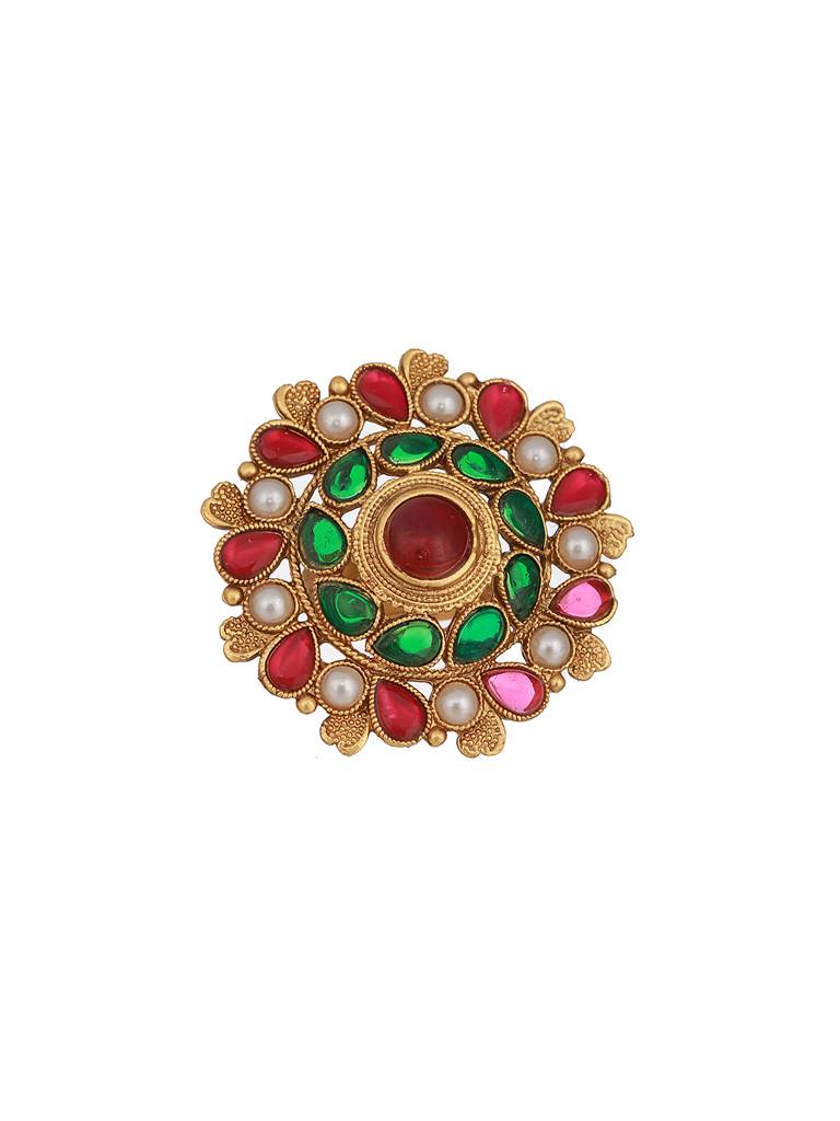 Green & Red Gold-Plated Pearl Studded Wedding Collection Adjustable Finger Ring : RNG-JS23-80071