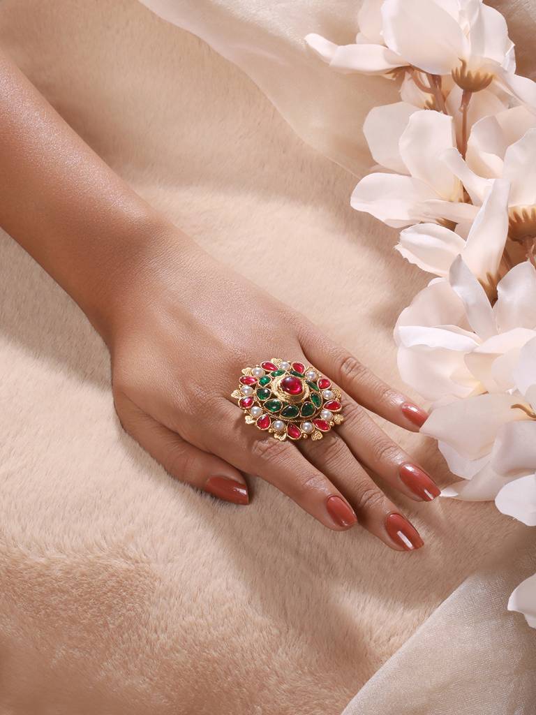 Green & Red Gold-Plated Pearl Studded Wedding Collection Adjustable Finger Ring : RNG-JS23-80071