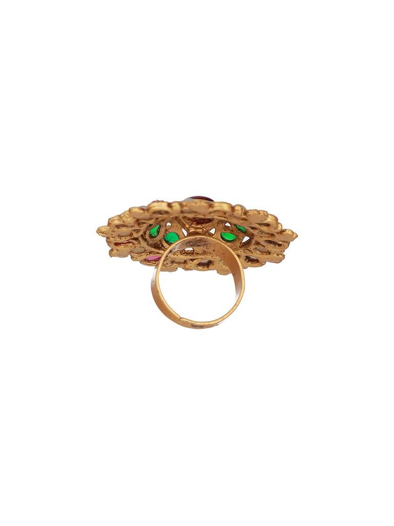 Green & Red Gold-Plated Pearl Studded Wedding Collection Adjustable Finger Ring : RNG-JS23-80071
