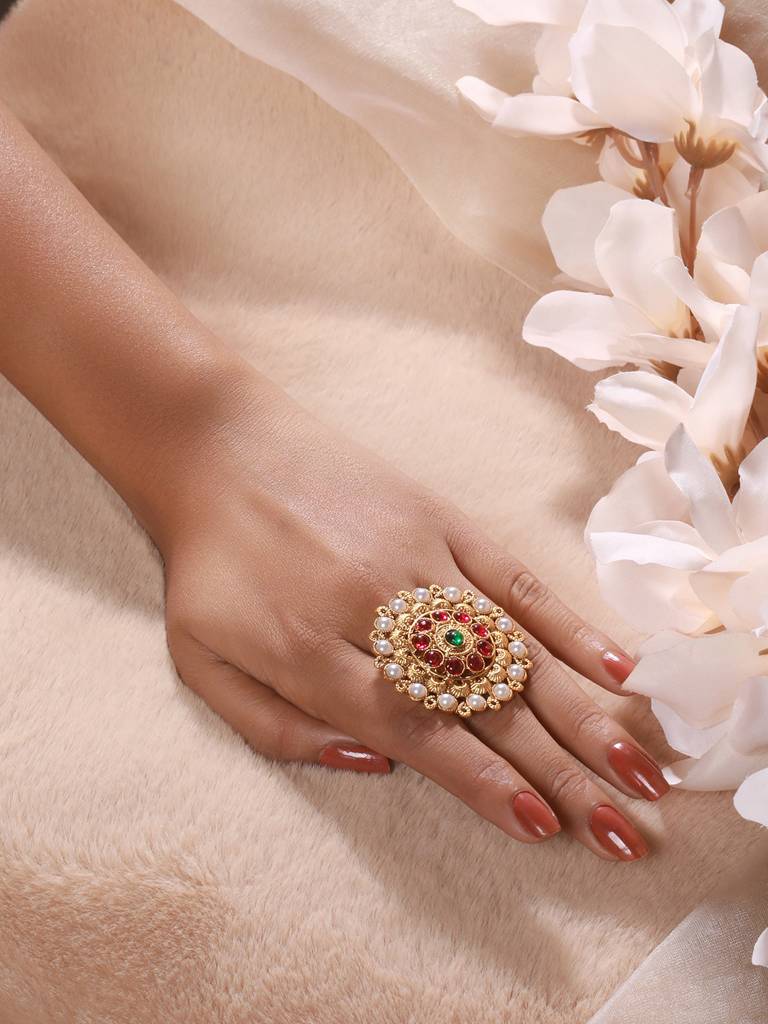 Gold Plated Stone Studded & Beaded Antique Adjustable Finger Ring : RNG-JS23-80072