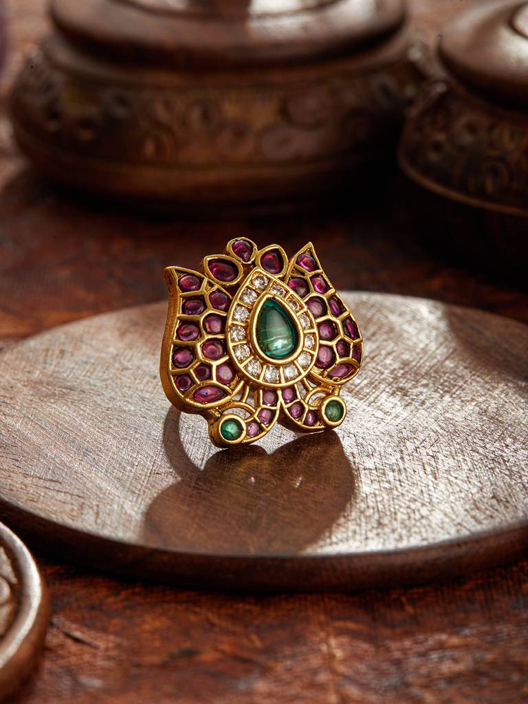 Gold-Plated Stone-Studded Peacock Adjustable Finger Ring : RNG-JS24-80081