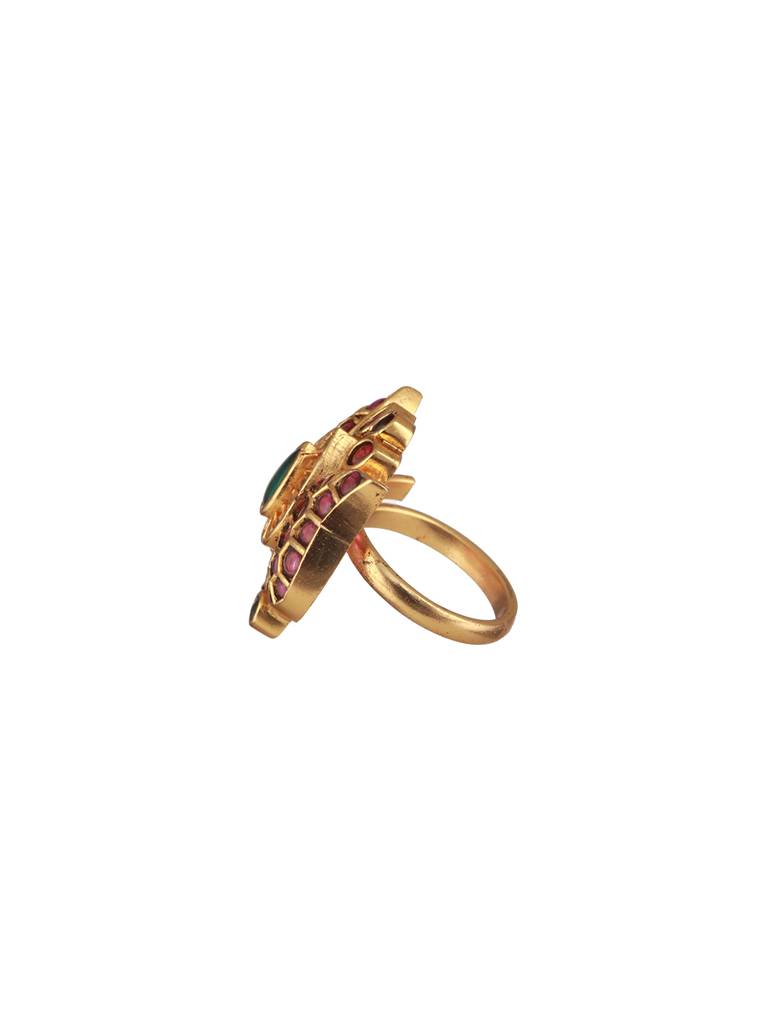 Gold-Plated Stone-Studded Peacock Adjustable Finger Ring : RNG-JS24-80081