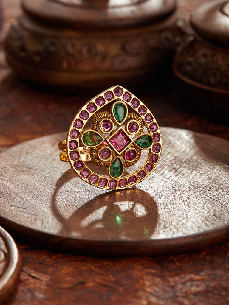 Gold-Plated Stones Studded Adjustable Finger Ring : RNG-JS24-80082