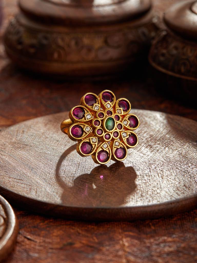 Gold-Plated Floral Stone Studded Adjustable Finger Ring : RNG-JS24-80083