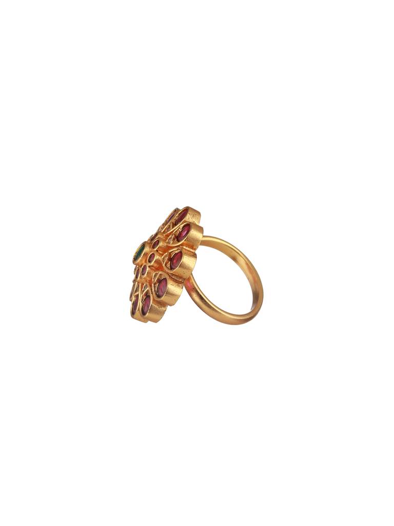 Gold-Plated Floral Stone Studded Adjustable Finger Ring : RNG-JS24-80083