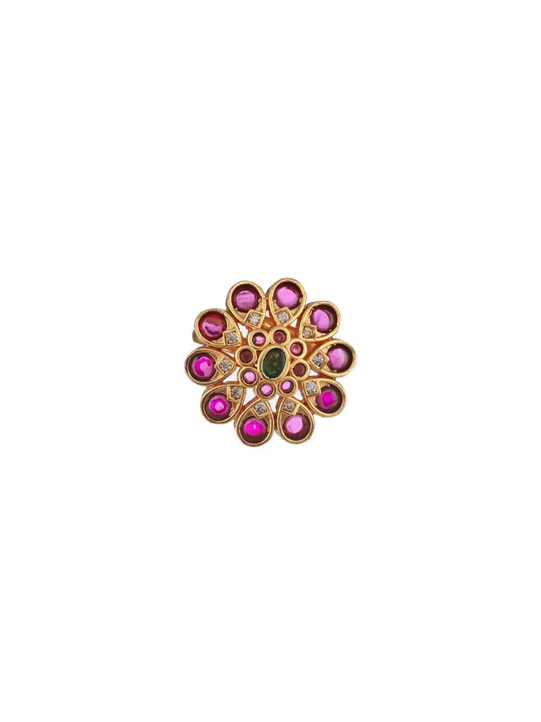 Gold-Plated Floral Stone Studded Adjustable Finger Ring : RNG-JS24-80083