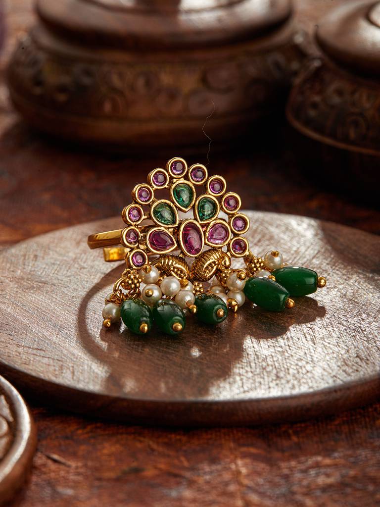 Gold Plated Artificial Stone Studded & Beaded Finger Ring : RNG-JS24-80085