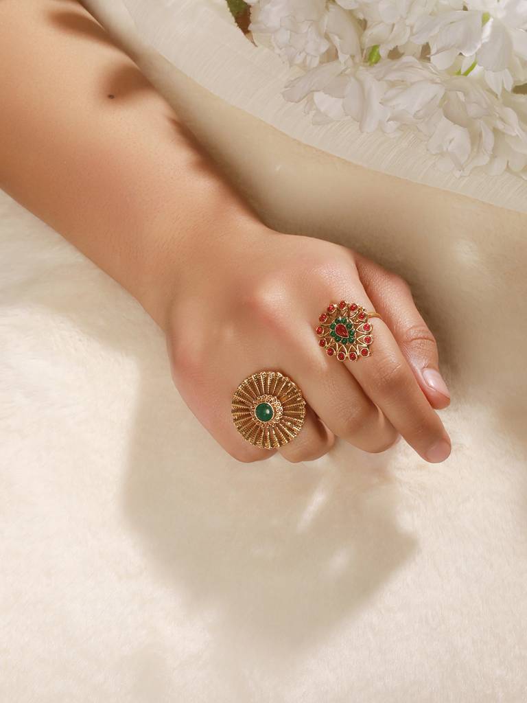 Set Of 2 Gold-Plated Stone Studded Adjustable Finger Rings : RNG-JS24-80088