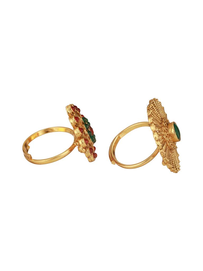 Set Of 2 Gold-Plated Stone Studded Adjustable Finger Rings : RNG-JS24-80088