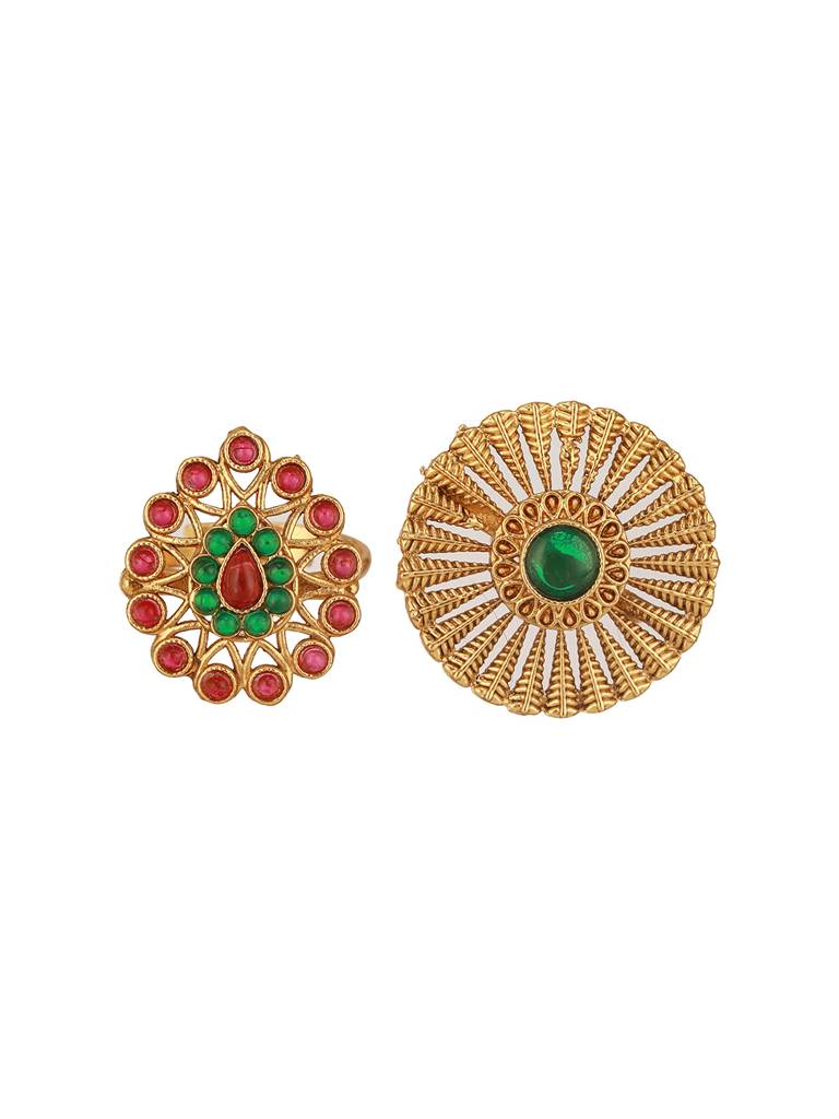 Set Of 2 Gold-Plated Stone Studded Adjustable Finger Rings : RNG-JS24-80088