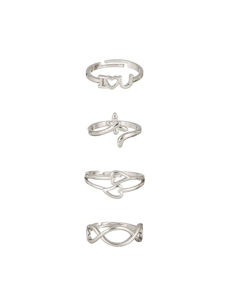 Set Of 4 Silver Plated Adjustable Finger Rings : RNG-JS24-80094
