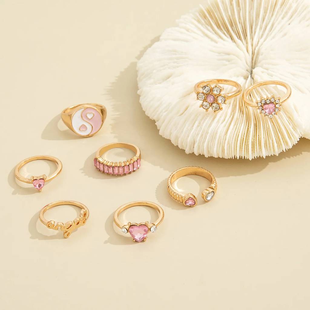 Set Of 8 Pink Stone Studded & Gold Plated Finger Rings : RNG-JS24-80100