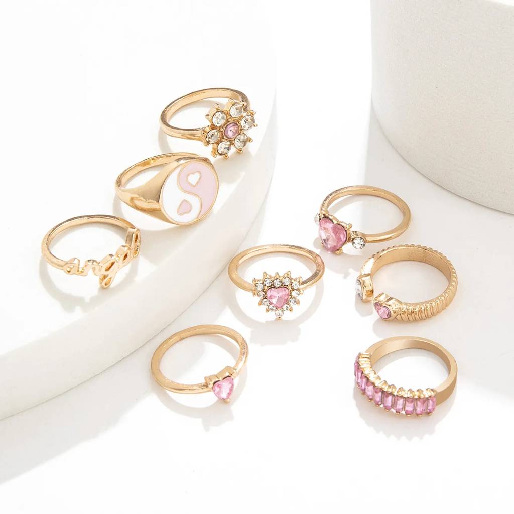 Set Of 8 Pink Stone Studded & Gold Plated Finger Rings : RNG-JS24-80100