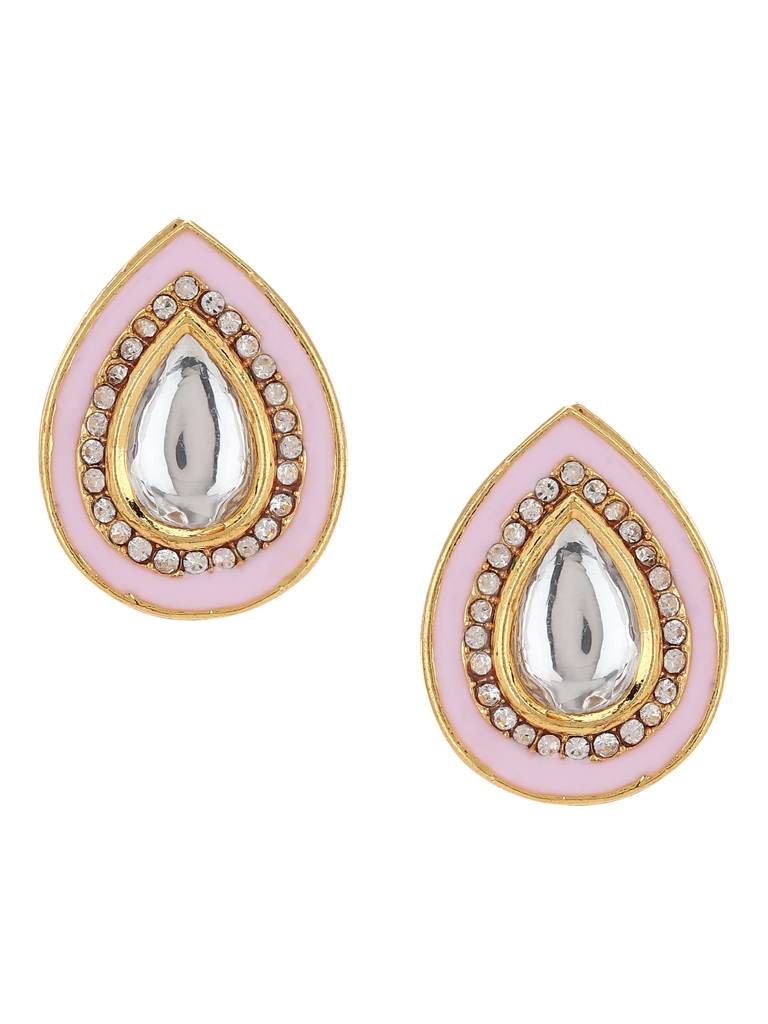 Pink Teardrop Shaped Drop Kundan Studs : RRA22-17